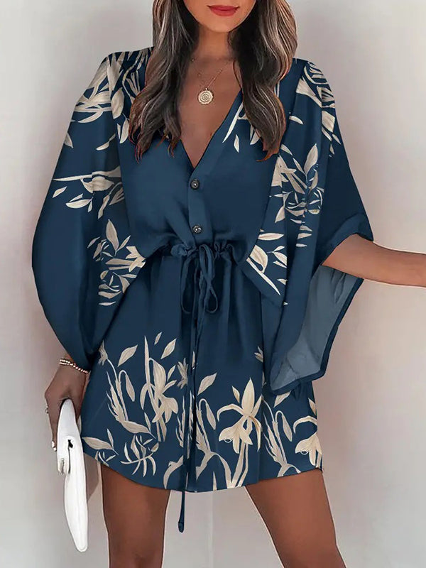 flowersverse Original Loose Floral Printed Contrast Color Tied Buttoned Mini Shirt Dress