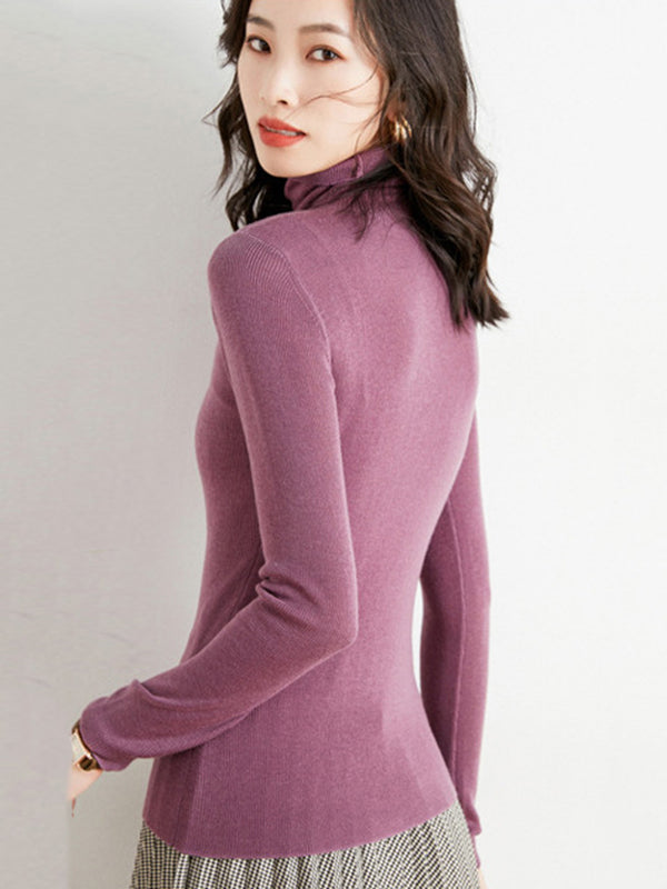 flowersverse Simple Skinny Long Sleeves Solid Color High-Neck Sweater Tops Pullovers