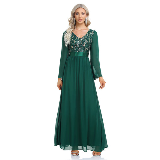 flowersverse chiffon Patchwork sequined long skirt v-neck long-sleeved a hem elastic waist evening dress