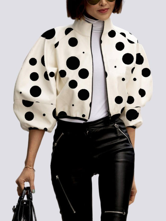 flowersverse Urban Puff Sleeves Loose Polka Dot Stand Collar Jackets