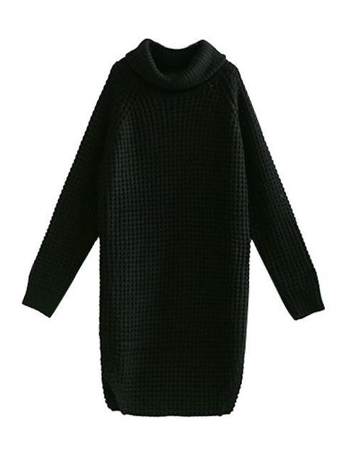 flowersverse Loose Solid Knitting High-neck Long Sweater