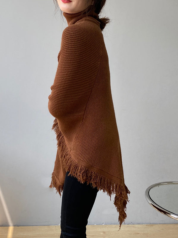 flowersverse Casual Loose Tasseled Solid Color High-Neck Sweater Tops