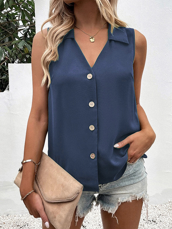 flowersverse Buttoned Solid Color Split-Joint Loose Sleeveless V-neck Vest Top