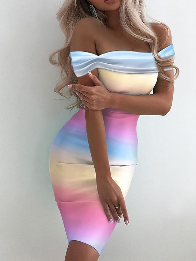 flowersverse Women's Semi Formal Party Dress Bodycon Sheath Dress Mini Dress Rainbow Sleeveless Color Gradient Backless Spring Summer Off Shoulder Sexy Slim S M L XL