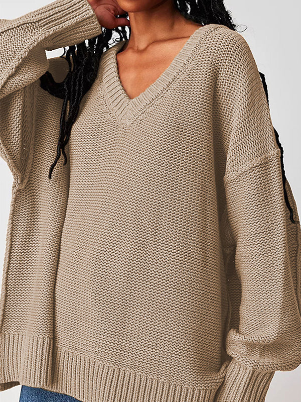 flowersverse Solid Color Velvet Long Sleeves Loose V-Neck Sweater Tops Pullovers