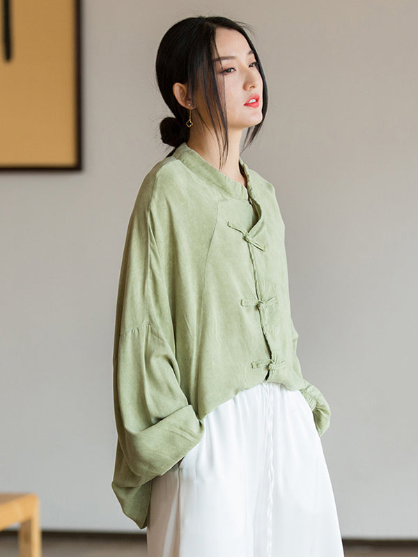 flowersverse Artistic Retro Loose Long Sleeves Buttoned Solid Color Stand Collar Blouses&Shirts Tops