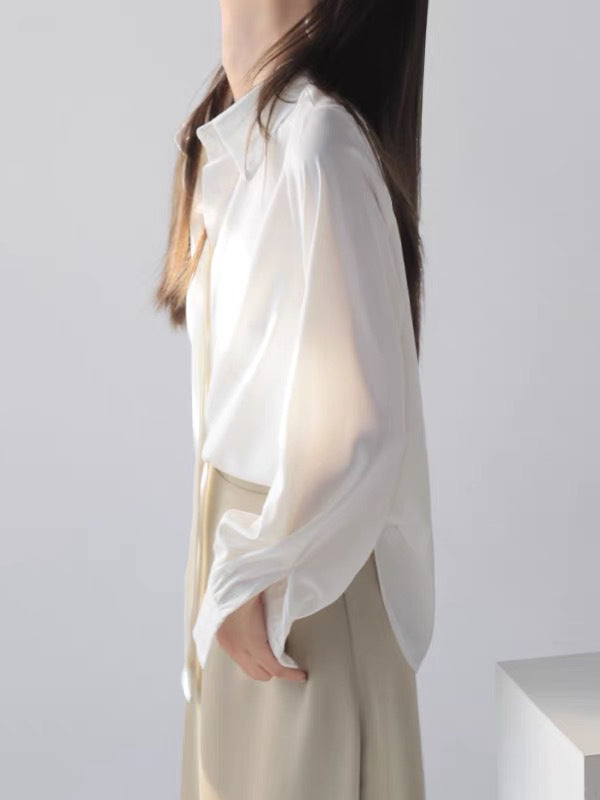 flowersverse Casual Long Sleeves Loose Solid Color Lapel Collar Blouses&Shirts Tops