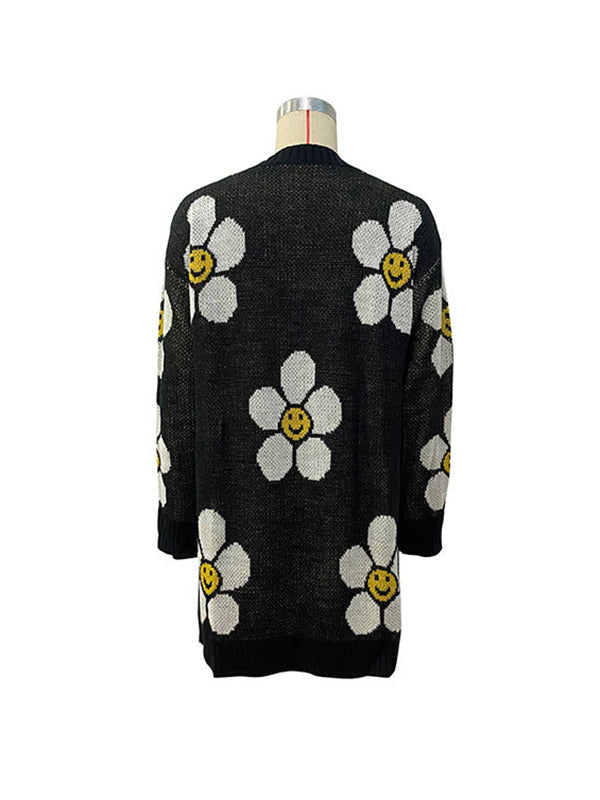 flowersverse Contrast Color Knitted Flower Loose Wrap Cardigan Tops