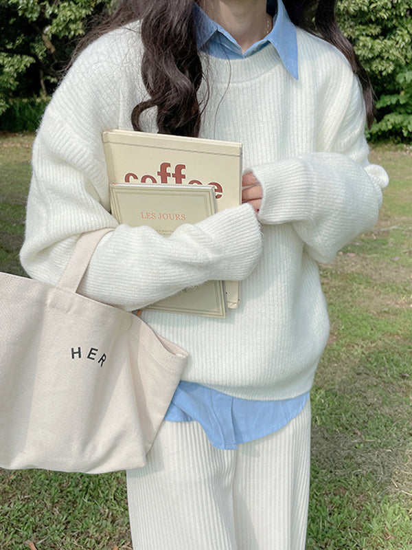 flowersverse Solid Color Long Sleeves Loose Round-Neck Sweater Tops Pullovers