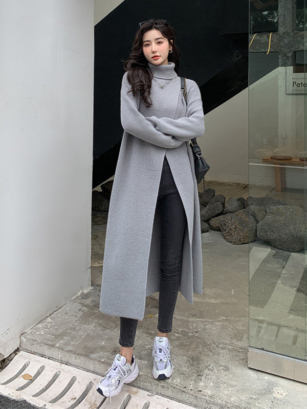 flowersverse Stylish Long Sleeves Split-Front Solid Color High-Neck Sweater Tops