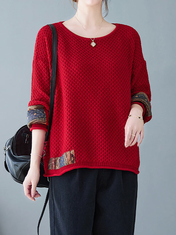 flowersverse Printed Split-Joint Long Sleeves Loose Round-Neck Sweater Tops Pullovers