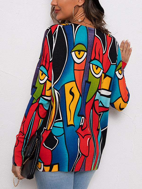 flowersverse Figure Printed Long Sleeves Loose Round-Neck Sweater Tops Pullovers Knitwear
