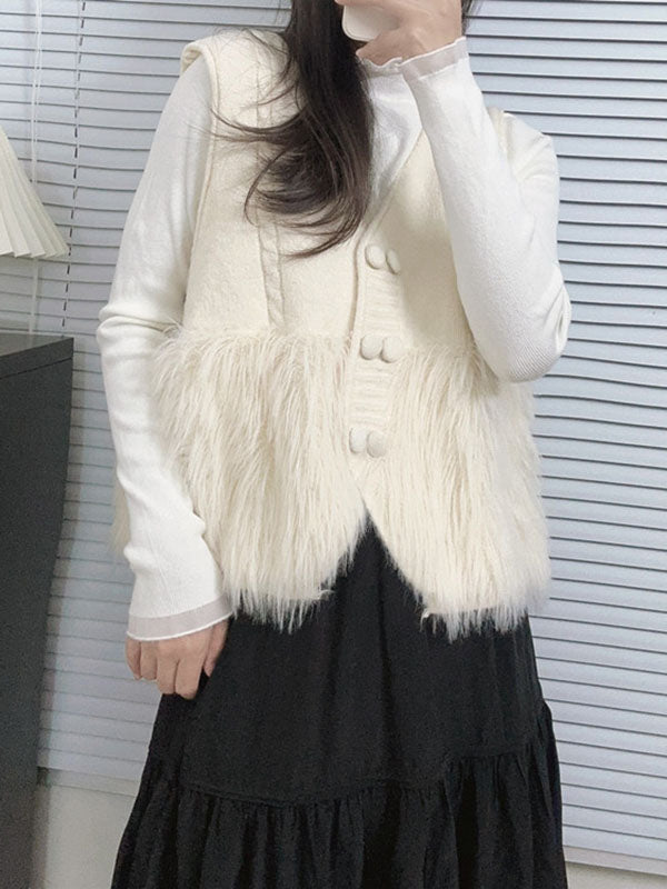 flowersverse Buttoned Solid Color Split-Joint Loose Sleeveless V-Neck Vest Outerwear