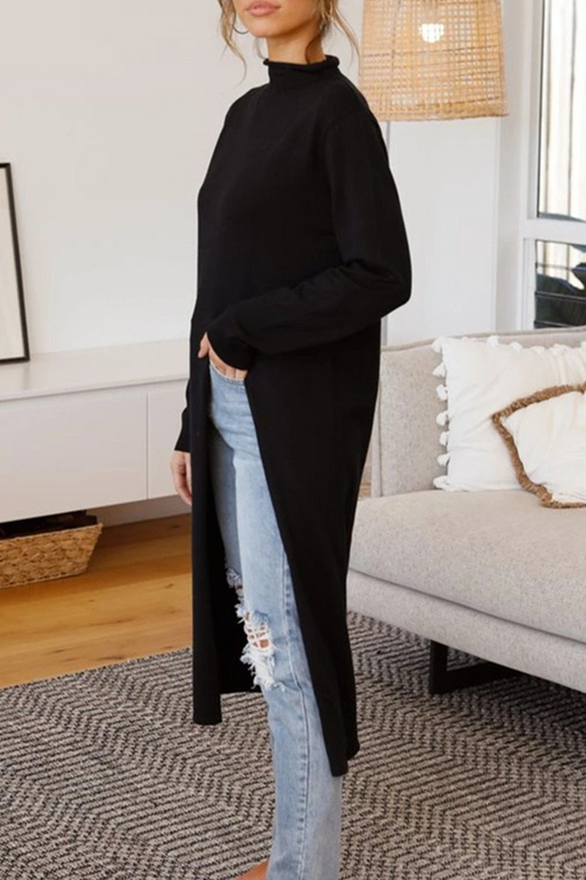 flowersverse Casual Solid Slit Half A Turtleneck Straight Dresses