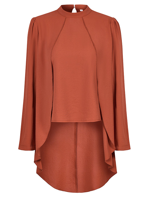 flowersverse Solid Color Split-Joint False Two High-Low Mock Neck Blouses&Shirts Tops