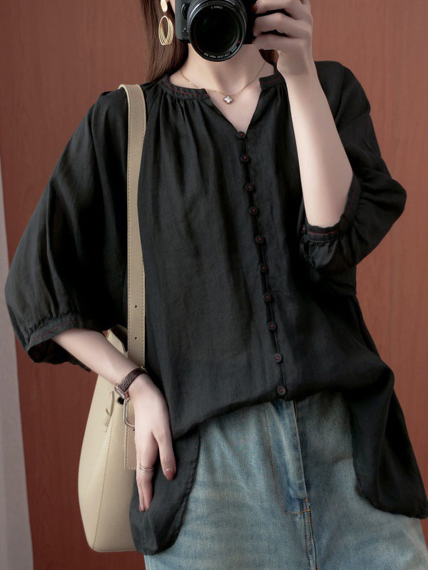 flowersverse Simple Casual Solid Buttoned Pleated Blouse