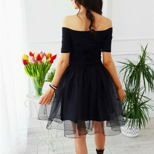 flowersverse Elegant Women Summer Ruffle Mesh Mini Dresses Off Shoulder Evening Party Ladies Cocktail Club Mini Formal Dress