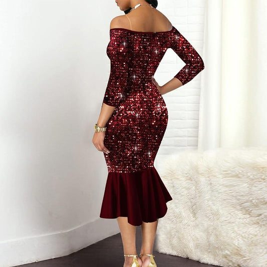 flowersverse Women Red Sequin Mermaid Dress Elegant Off Shoulder Ruffles Party Dress Sexy Club Sequin Midi Dresses Vestidos De Verano