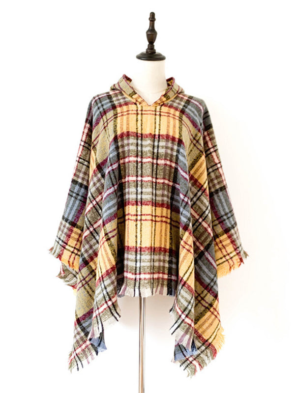 flowersverse Fringed Hooded Keep Warm Plaid Shawl&Cloak Cape