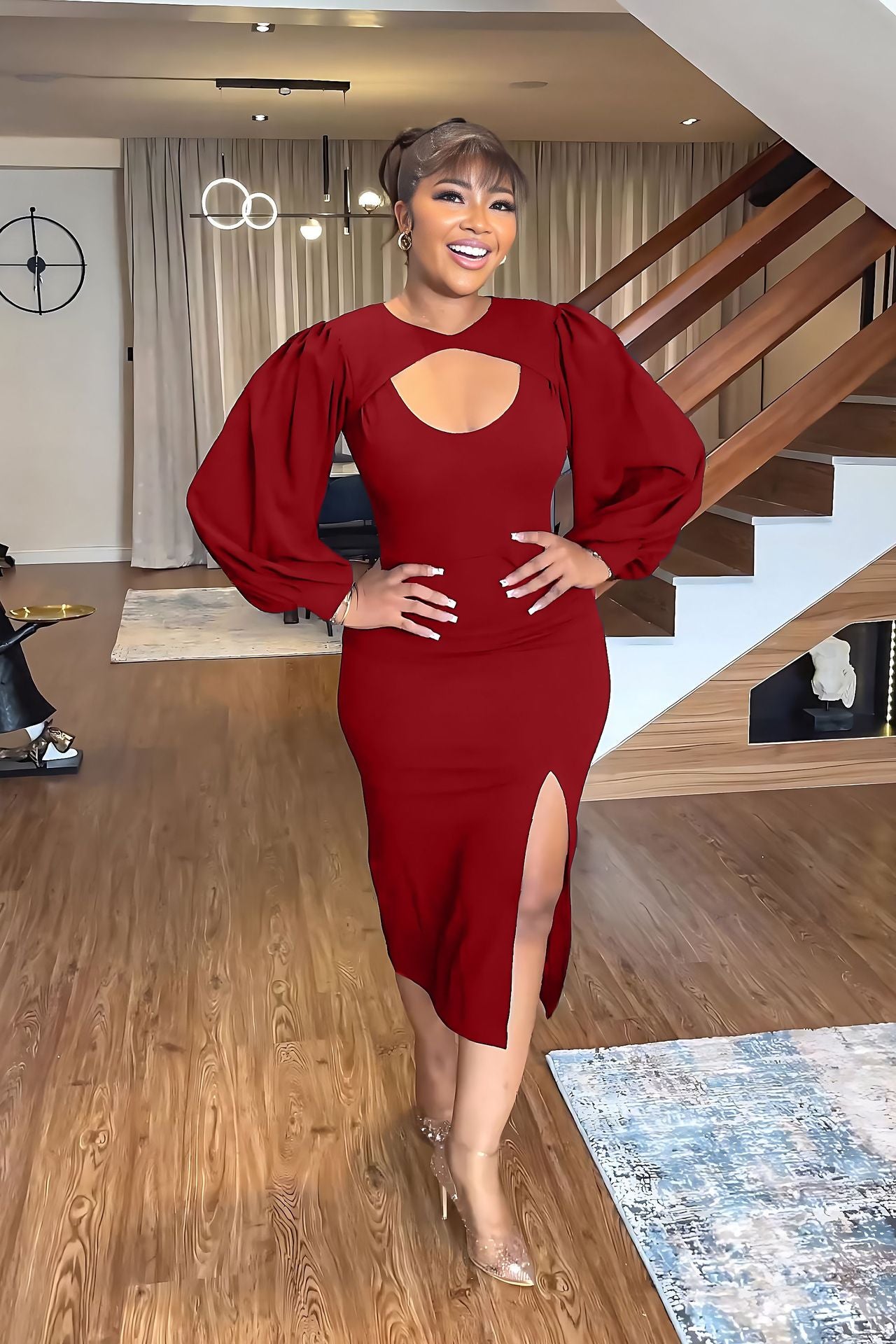 flowersverse Cutout Chic Long Sleeve Solid Color Ladies Slit Spring Summer Bodycon Dress