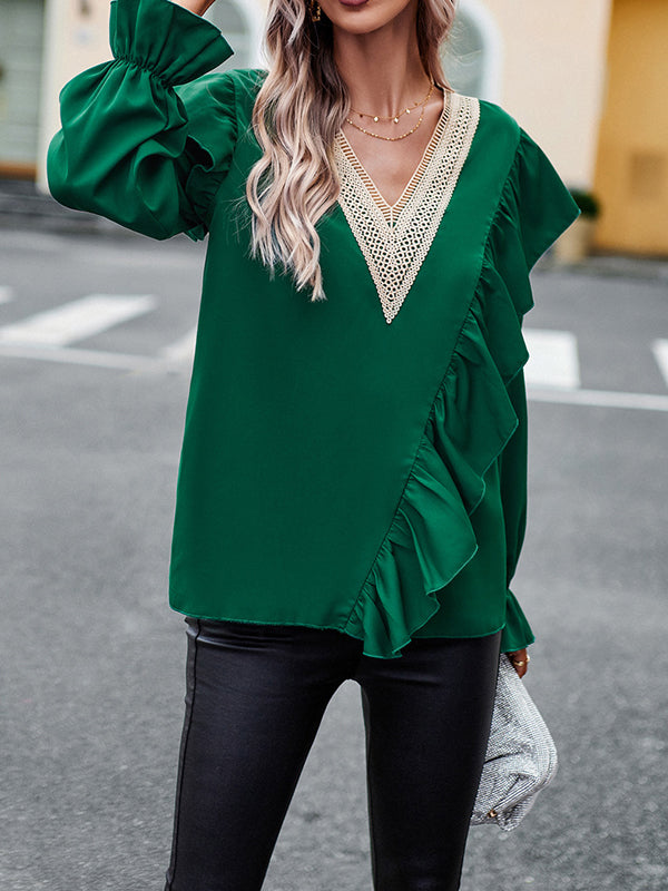 flowersverse Asymmetric Hollow Long Sleeves Loose V-Neck Blouses&Shirts Tops