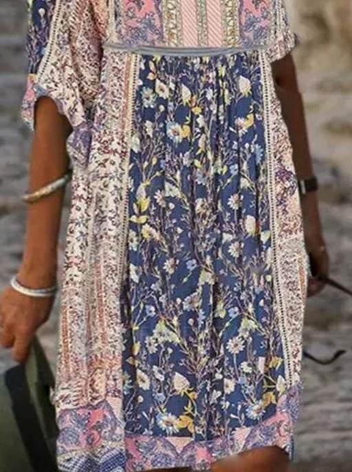 flowersverse V-Neck Floral Print Loose Casual Long-Sleeved Shift Dress