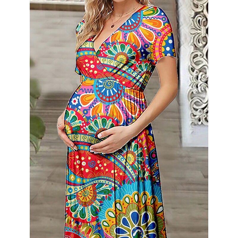 flowersverse Women's Maternity Dress Casual Dress Summer Dress Floral Long Dress Maxi Dress Short Sleeve Print V Neck Romantic Daily Red Spring Summer S M L XL XXL