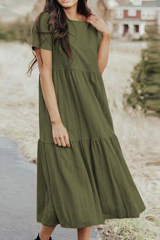 flowersverse Casual Solid Split Joint O Neck Princess Midi Dresses(3 Colors)