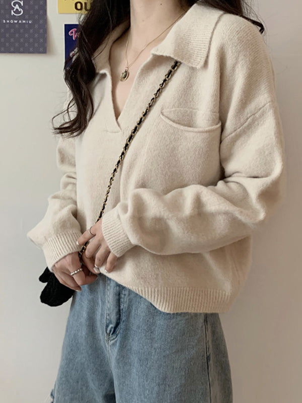 flowersverse Casual Simple 6 Colors V-Neck Long Sleeves Sweater Top