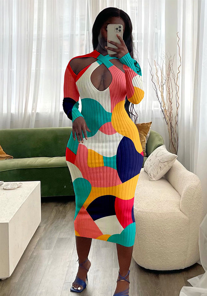 flowersverse Women's Multi-Color Ribbed Long Sleeves Midi Bodycon Dress