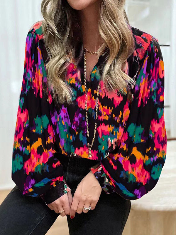 flowersverse Printed Long Sleeves Loose V-Neck Blouses&Shirts Tops