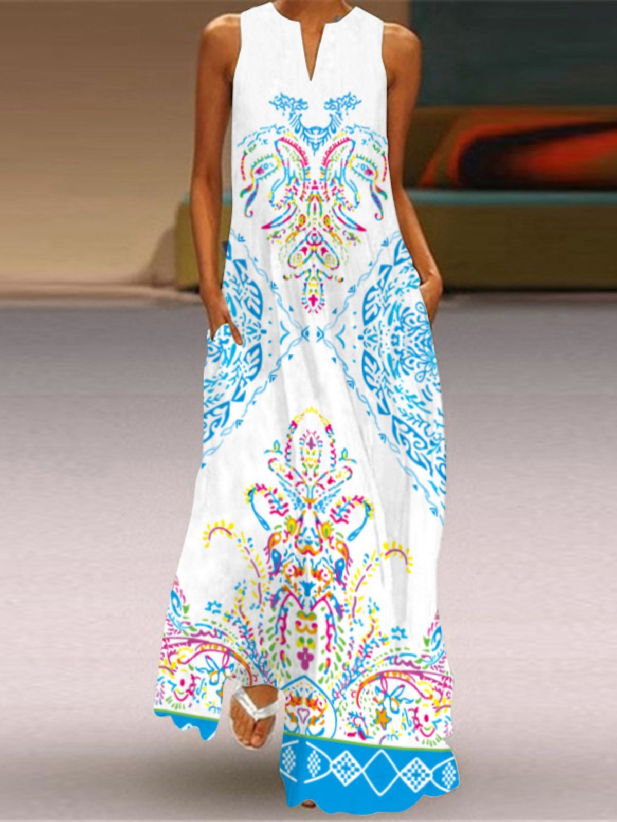 flowersverse Vintage Floral Printed Statement Plus Size Sleeveless V Neck Casual Knitting Dress