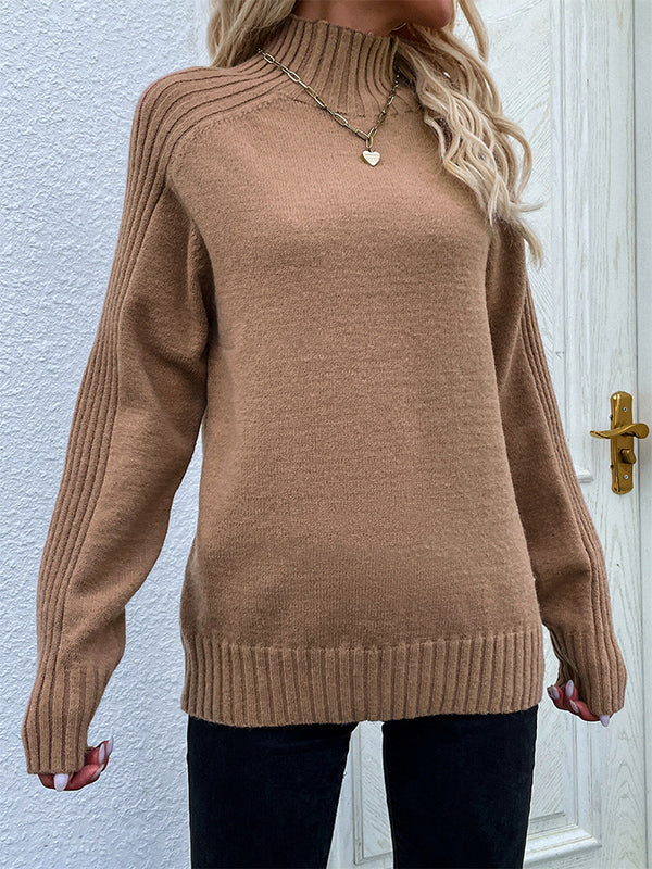 flowersverse Stylish Long Sleeves Loose Solid Color High-Neck Sweater Tops