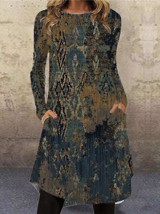 flowersverse Women's Casual Dress T Shirt Dress Tee Dress Ethnic Dress Midi Dress Green Long Sleeve Color Gradient Pocket Winter Fall Autumn Crew Neck Vacation Winter Dress Halloween Fall Dress S M L XL XXL