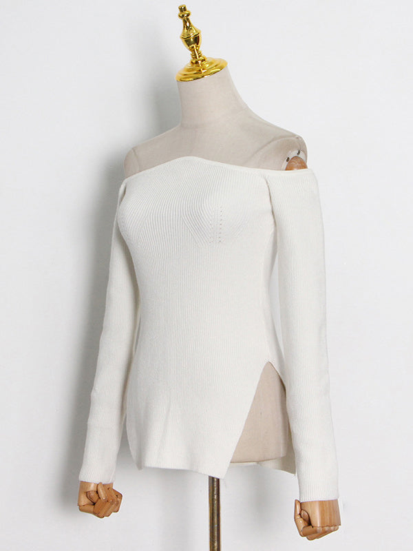 flowersverse Stylish Skinny Irregularity Solid Color Off-The-Shoulder Sweater Tops