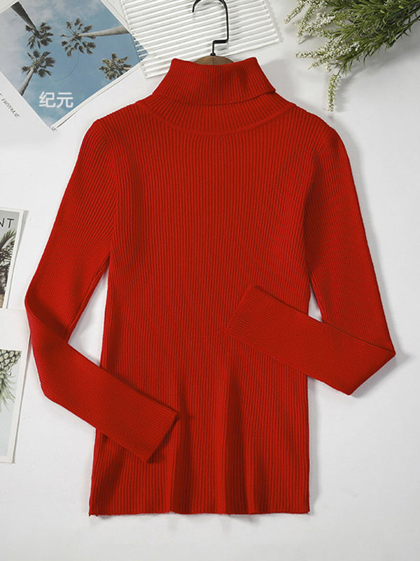 flowersverse Simple Skinny Solid Color High-Neck Sweater Tops