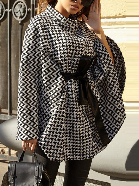 flowersverse Houndstooth Tied Waist Batwing Sleeves Long Sleeves Stand Collar Outerwear Cape