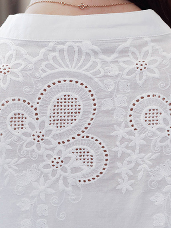flowersverse Vintage Half Sleeves Hollow Embroidered White Blouse