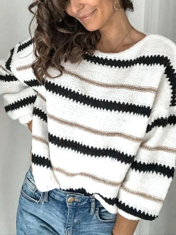 flowersverse Striped Long Sleeves Loose Round-Neck Sweater Tops Pullovers Knitwear