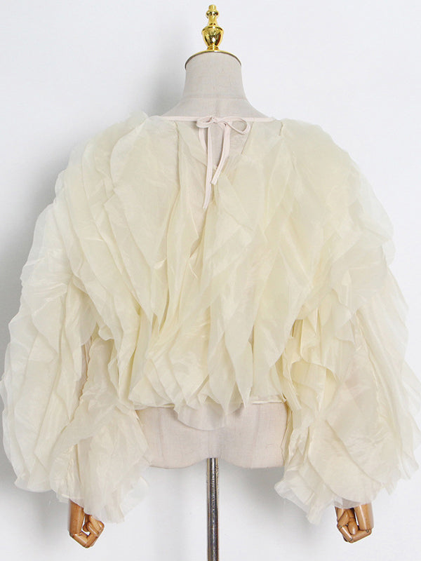 flowersverse Lace-Up Solid Color Tiered Long Sleeves Loose Round-Neck Blouses&Shirts Tops