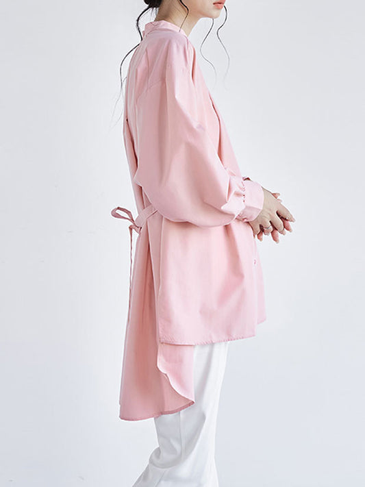 flowersverse Ribbed Solid Color High-low Long Sleeves Stand Collar Blouses&shirts Tops