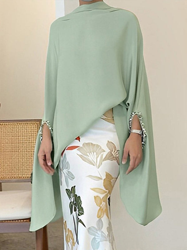 flowersverse Batwing Sleeves Irregular Clipping Solid Color Stand Collar Blouses&Shirts Tops