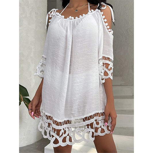 flowersverse Women's Cover Up Beach Dress Beach Wear Midi Dress Cut Out Basic Casual Plain Crewneck 3/4 Length Sleeve Loose Fit Outdoor Daily Black White Spring Summer One Size