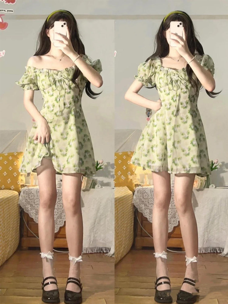 flowersverse Off-the-shoulder Bubble Sleeve Floral Dress