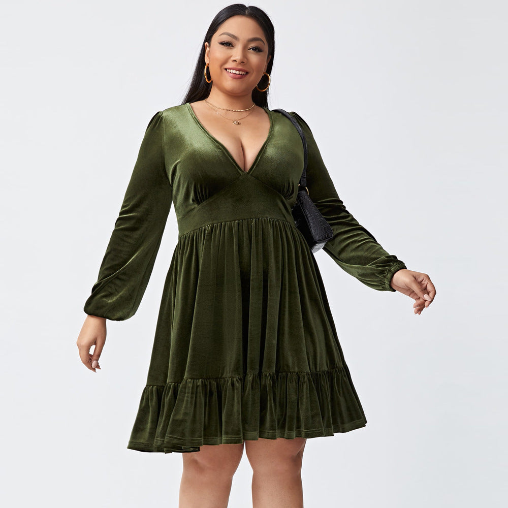 flowersverse Plus Size Short Skirt Women's V-neck Waist-controlled Slimming Long Sleeve Sexy Dress