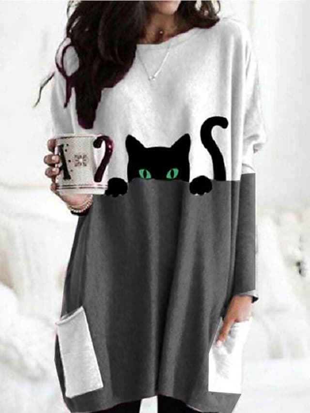 flowersverse Women's Casual Dress T Shirt Dress Tee Dress Shift Dress Mini Dress Red Blue Khaki Long Sleeve Color Block Patchwork Winter Fall Autumn Crew Neck Casual Winter Dress Weekend Fall Dress Loose Fit