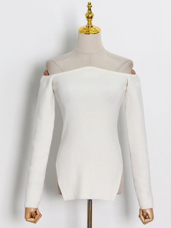 flowersverse Stylish Skinny Irregularity Solid Color Off-The-Shoulder Sweater Tops