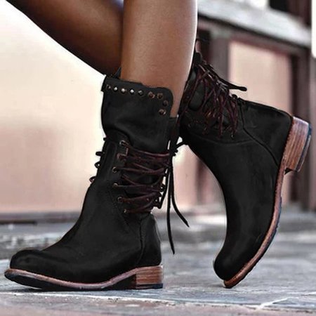 flowersverse zolucky Low Heel Holiday Lace-Up Pu Boots