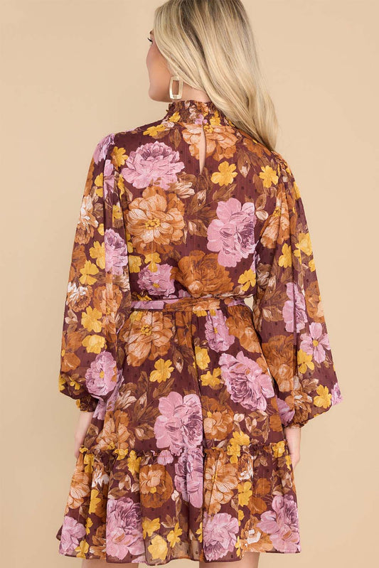 flowersverse Multicolor Shirred High Neck Lace-up High Waist Floral Dress