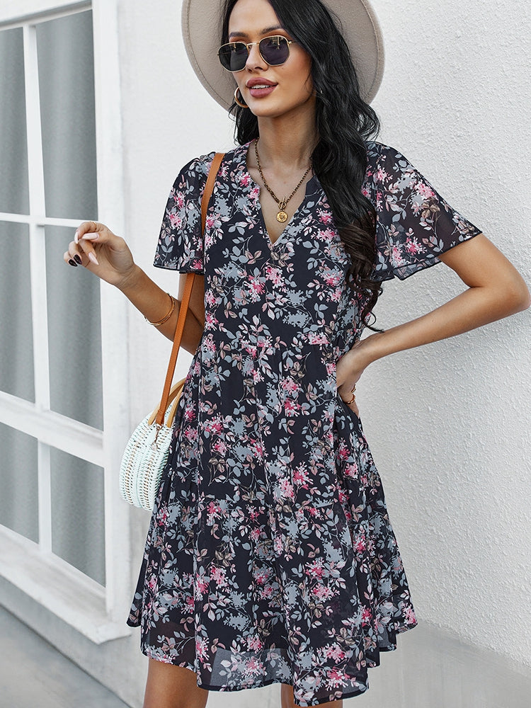 flowersverse Spring Print Short Dress Women Casual Short Sleeve V Neck Floral Dresses For Women Leisure Summer Chiffon Dress